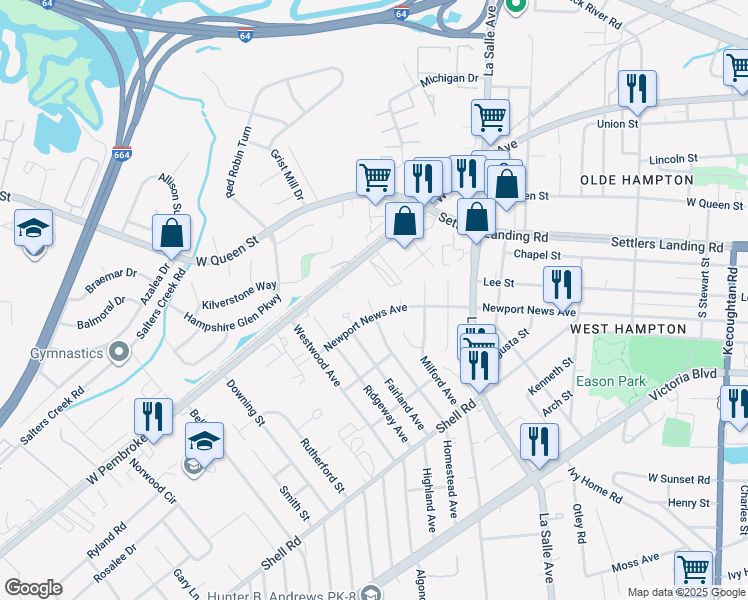 map of restaurants, bars, coffee shops, grocery stores, and more near 904 Homestead Avenue in Hampton