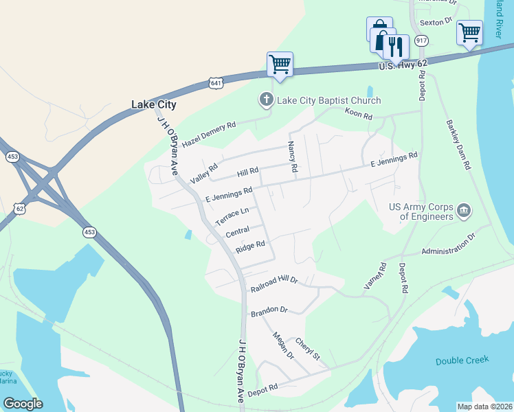 map of restaurants, bars, coffee shops, grocery stores, and more near 118 Division Street in Grand Rivers