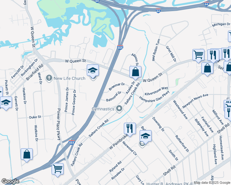 map of restaurants, bars, coffee shops, grocery stores, and more near 10 Balmoral Drive in Hampton