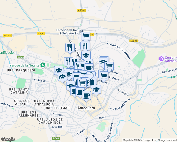 map of restaurants, bars, coffee shops, grocery stores, and more near 22 Calle Cruz Blanca in Antequera