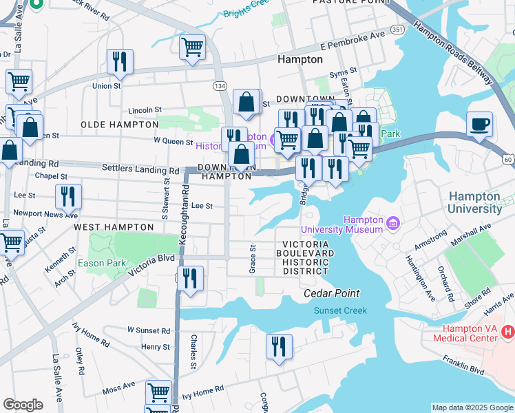 map of restaurants, bars, coffee shops, grocery stores, and more near 114 Whiting Street in Hampton
