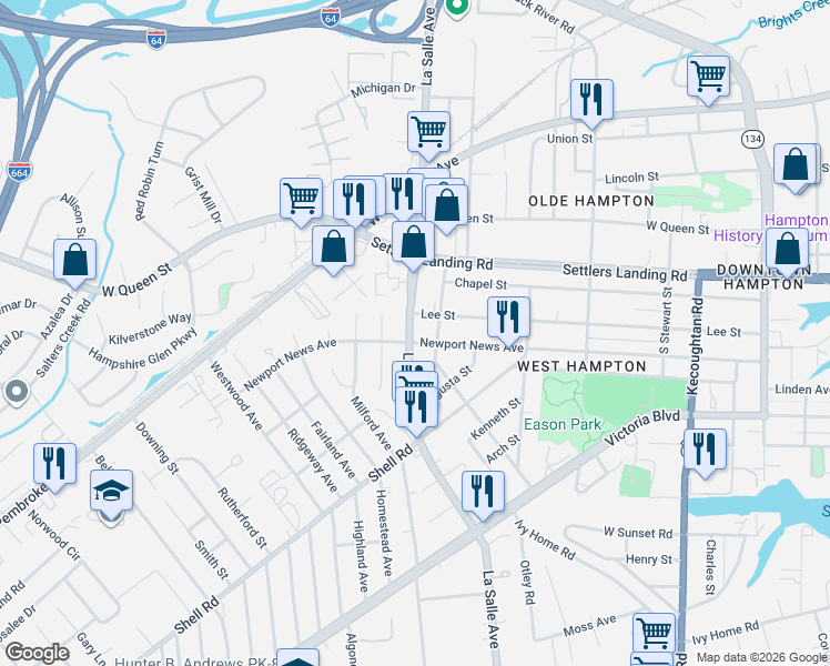map of restaurants, bars, coffee shops, grocery stores, and more near 709 Lee Street in Hampton