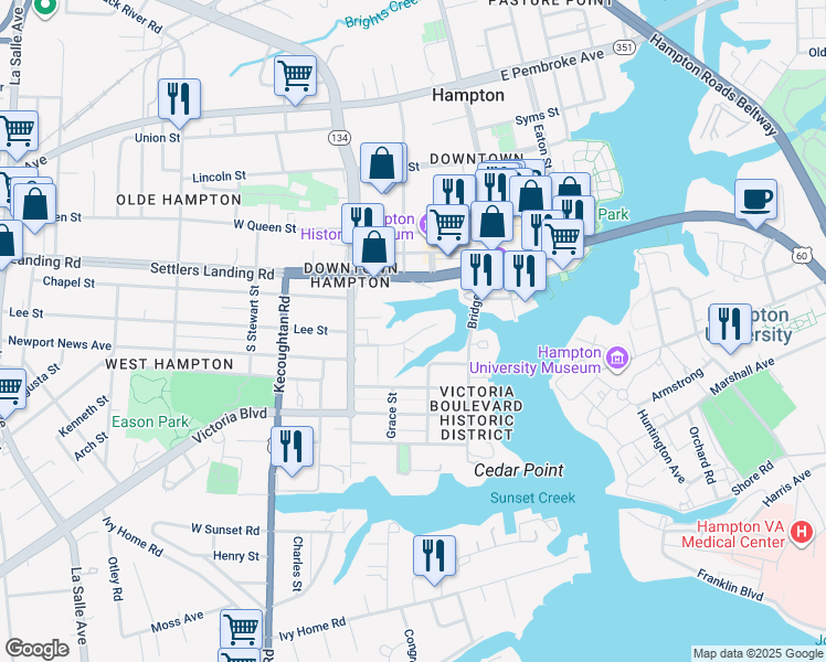 map of restaurants, bars, coffee shops, grocery stores, and more near 122 Meredith Street in Hampton