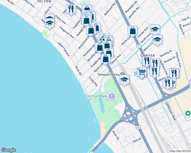map of restaurants, bars, coffee shops, grocery stores, and more near 215 Center Avenue in Newport News