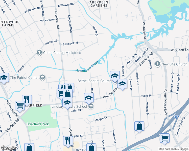map of restaurants, bars, coffee shops, grocery stores, and more near 1625 Wingfield Drive in Hampton