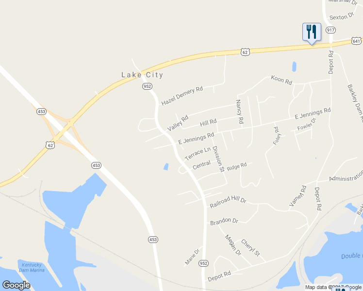 map of restaurants, bars, coffee shops, grocery stores, and more near Overlook Drive in Grand Rivers