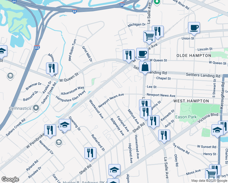 map of restaurants, bars, coffee shops, grocery stores, and more near 904 Homestead Avenue in Hampton