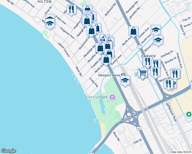 map of restaurants, bars, coffee shops, grocery stores, and more near 215 Center Avenue in Newport News