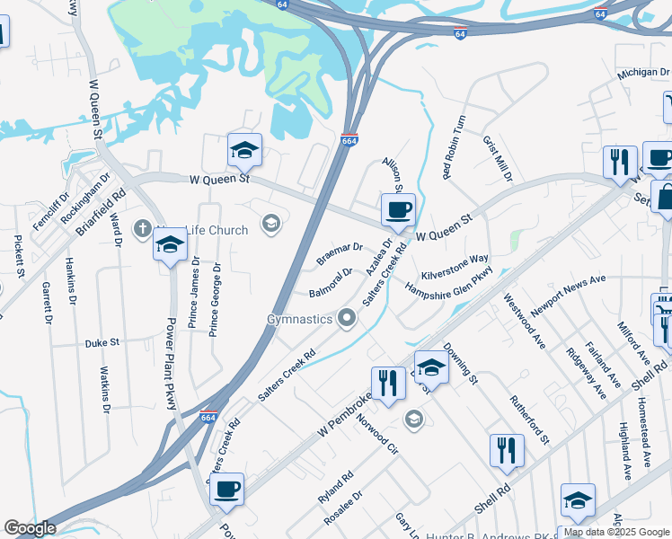 map of restaurants, bars, coffee shops, grocery stores, and more near 10 Balmoral Drive in Hampton