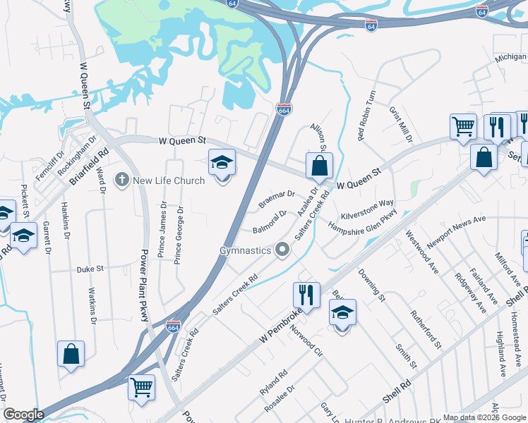 map of restaurants, bars, coffee shops, grocery stores, and more near 20 Braemar Drive in Hampton
