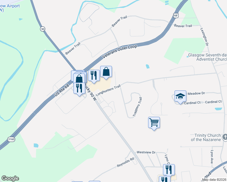 map of restaurants, bars, coffee shops, grocery stores, and more near 253-261 Longhunters Trail in Glasgow
