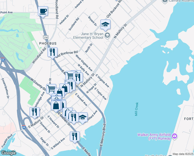 map of restaurants, bars, coffee shops, grocery stores, and more near 14 East Virginia Avenue in Hampton