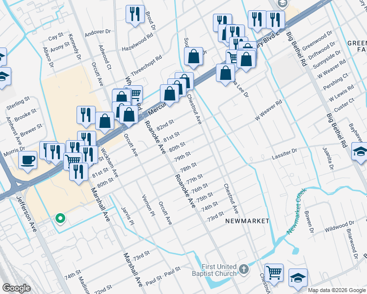 map of restaurants, bars, coffee shops, grocery stores, and more near 1119 80th Street in Newport News
