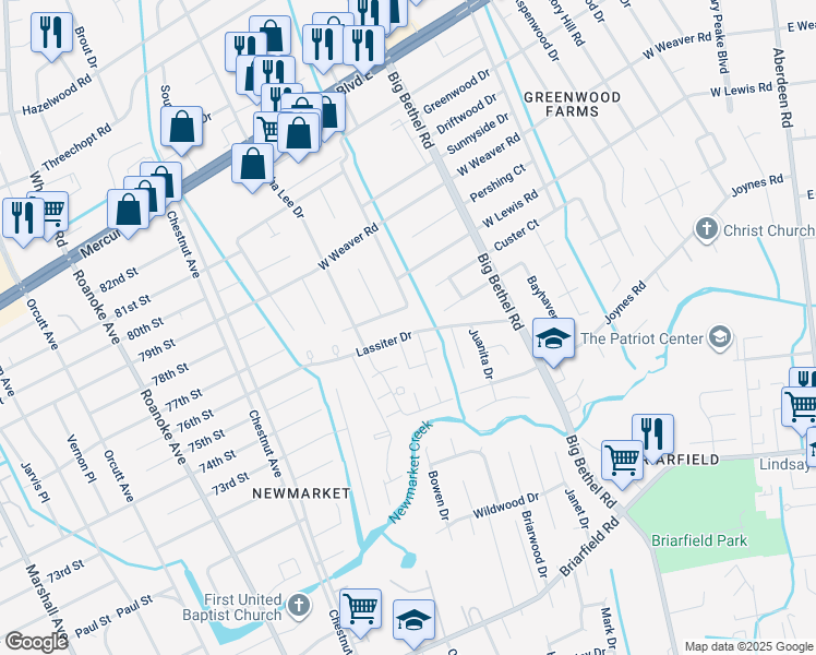 map of restaurants, bars, coffee shops, grocery stores, and more near 136 Lassiter Drive in Hampton