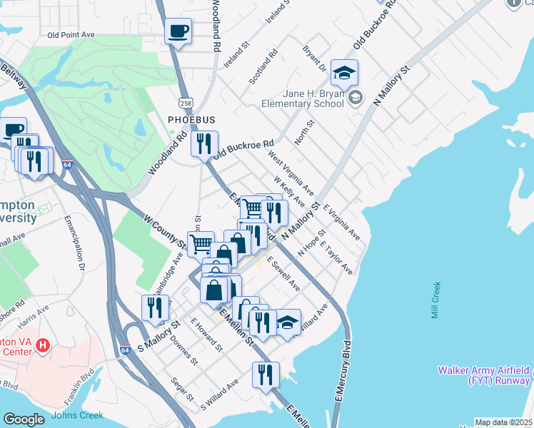 map of restaurants, bars, coffee shops, grocery stores, and more near 406 Libby Street in Hampton