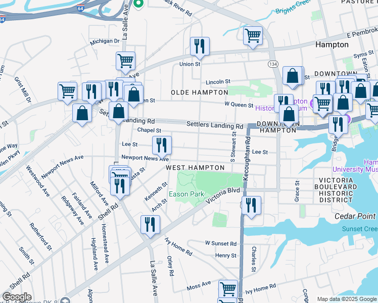 map of restaurants, bars, coffee shops, grocery stores, and more near 508 Lee Street in Hampton
