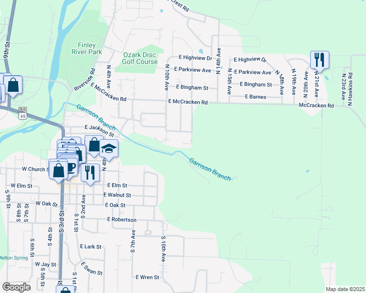 map of restaurants, bars, coffee shops, grocery stores, and more near 502 North 12th Avenue in Ozark