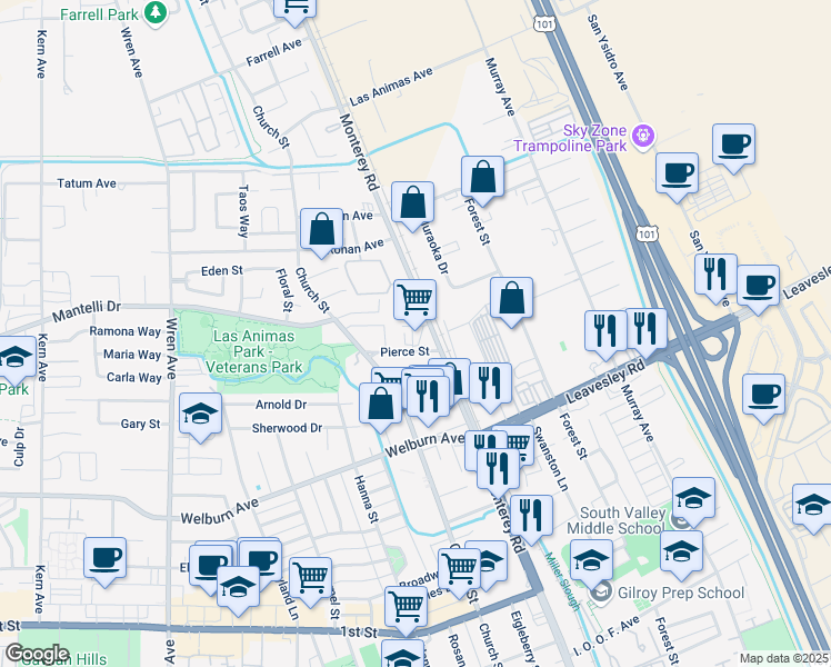 map of restaurants, bars, coffee shops, grocery stores, and more near 8600-8798 Monterey St in Gilroy