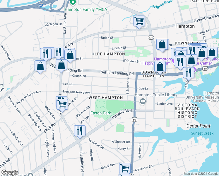 map of restaurants, bars, coffee shops, grocery stores, and more near 443 Lee Street in Hampton