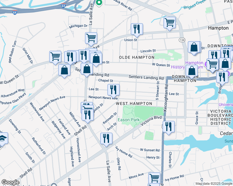 map of restaurants, bars, coffee shops, grocery stores, and more near 603 Lee Street in Hampton