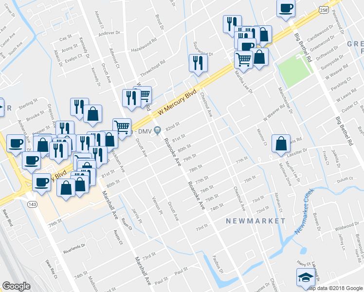 map of restaurants, bars, coffee shops, grocery stores, and more near 1107 80th Street in Newport News