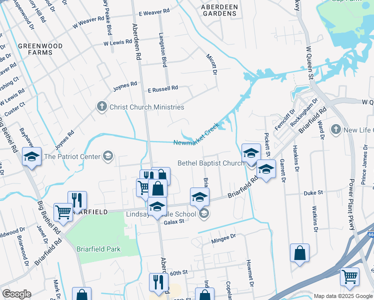 map of restaurants, bars, coffee shops, grocery stores, and more near 999 Glenrock Drive in Hampton