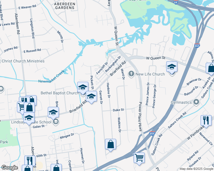map of restaurants, bars, coffee shops, grocery stores, and more near 28 Hankins Drive in Hampton