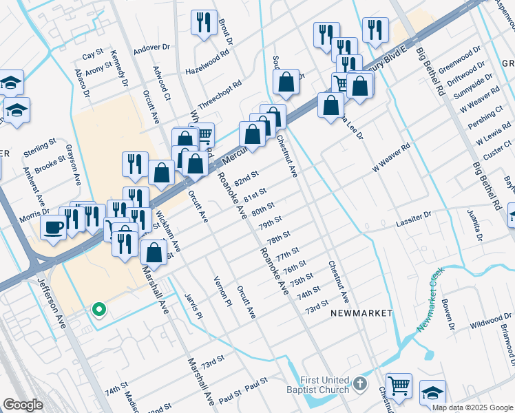 map of restaurants, bars, coffee shops, grocery stores, and more near 4823 81st Street in Newport News