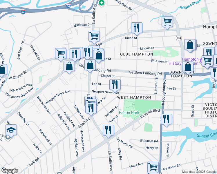 map of restaurants, bars, coffee shops, grocery stores, and more near 619 Lee Street in Hampton