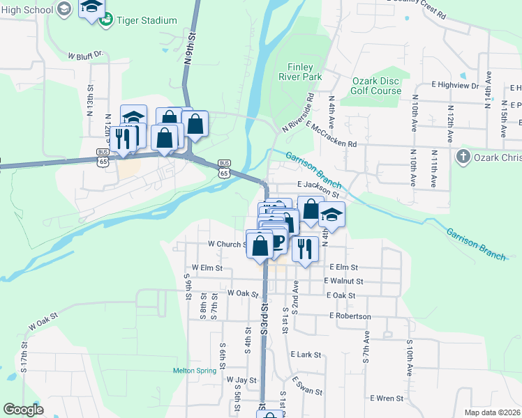 map of restaurants, bars, coffee shops, grocery stores, and more near 400-474 N 4th St in Ozark