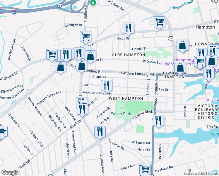 map of restaurants, bars, coffee shops, grocery stores, and more near 603 Lee Street in Hampton