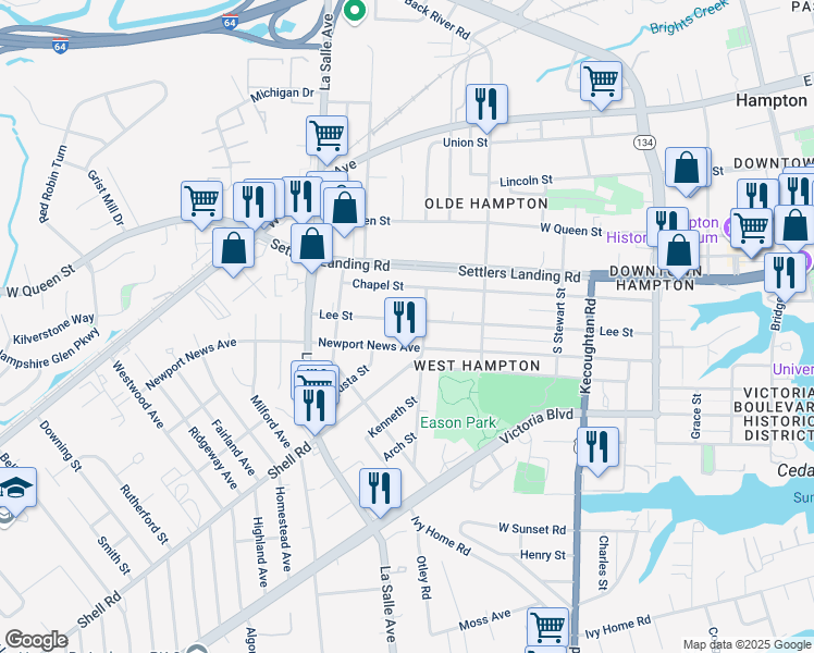 map of restaurants, bars, coffee shops, grocery stores, and more near 607 Lee Street in Hampton