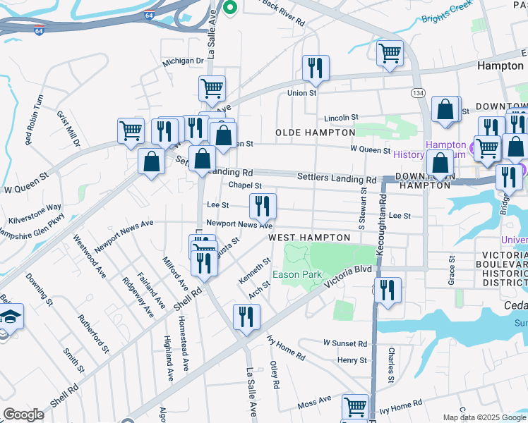 map of restaurants, bars, coffee shops, grocery stores, and more near 607 Lee Street in Hampton