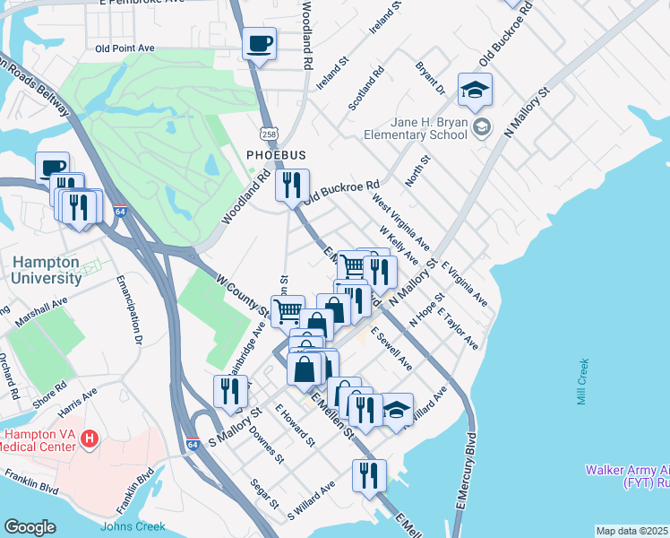 map of restaurants, bars, coffee shops, grocery stores, and more near 544 East Mercury Boulevard in Hampton