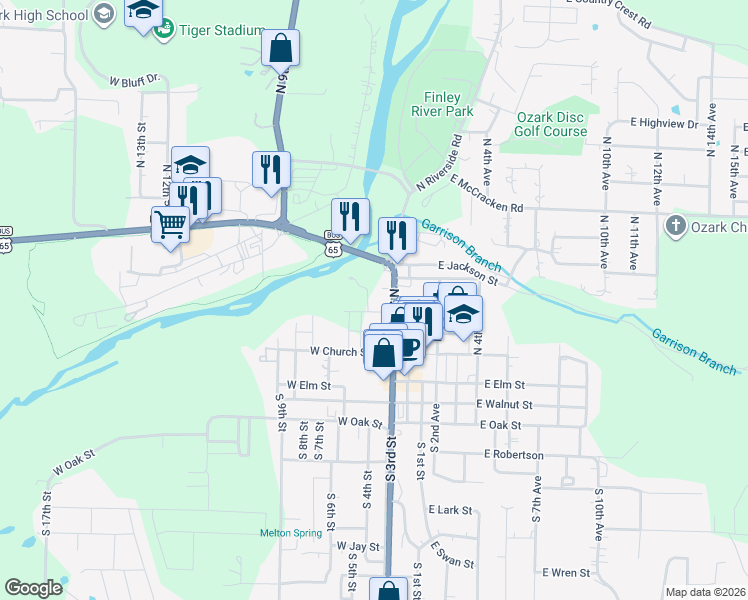 map of restaurants, bars, coffee shops, grocery stores, and more near 400 North 4th Street in Ozark