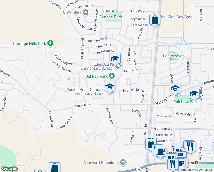 map of restaurants, bars, coffee shops, grocery stores, and more near 1440 Partridge Drive in Gilroy