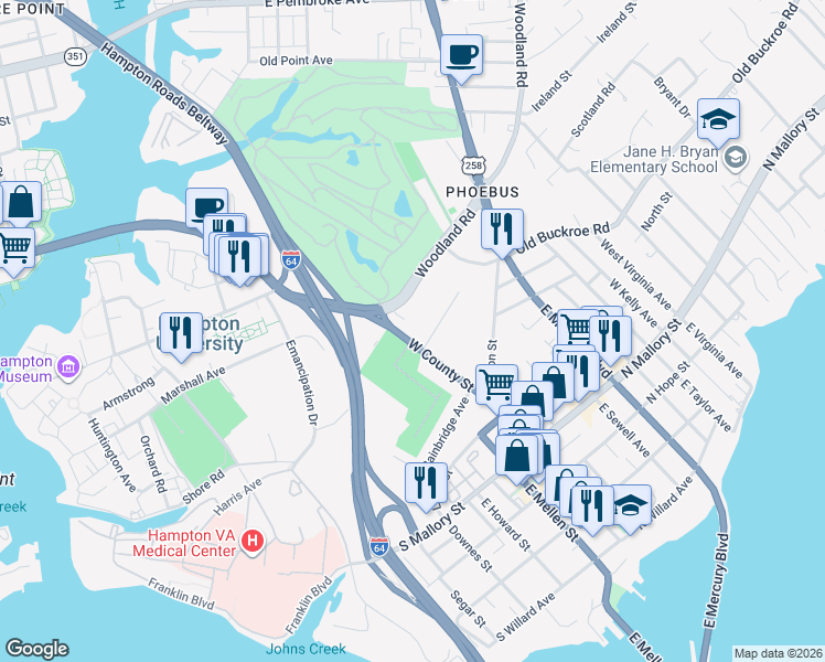 map of restaurants, bars, coffee shops, grocery stores, and more near 108 West County Street in Hampton