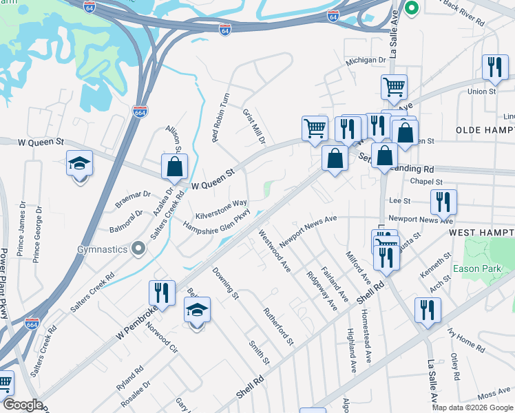 map of restaurants, bars, coffee shops, grocery stores, and more near 35 Kilverstone Way in Hampton