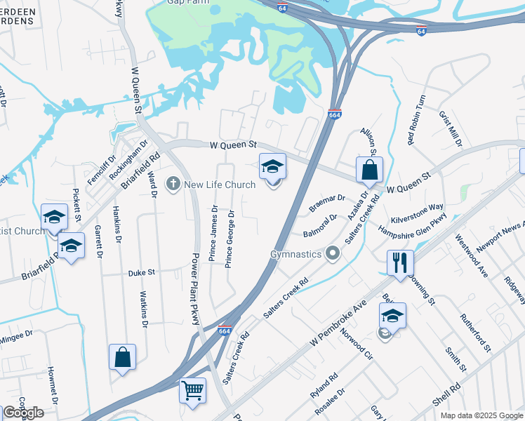 map of restaurants, bars, coffee shops, grocery stores, and more near 1491 W Queen St in Hampton