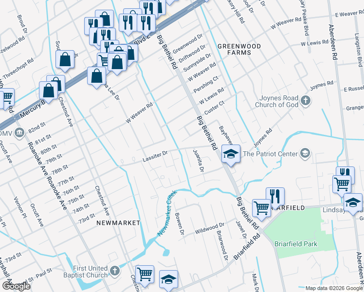 map of restaurants, bars, coffee shops, grocery stores, and more near 3421 Hardee Court in Hampton