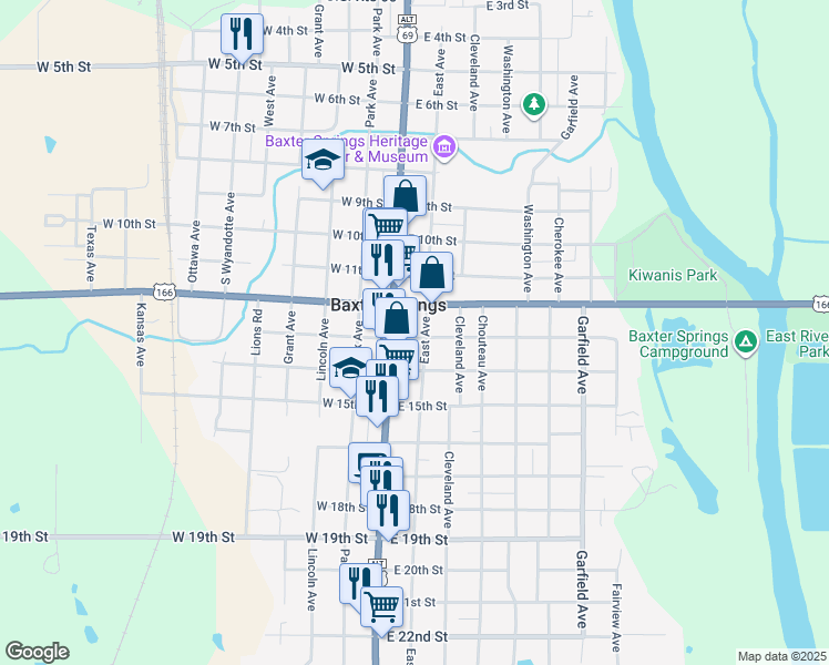 map of restaurants, bars, coffee shops, grocery stores, and more near 1238 East Avenue in Baxter Springs