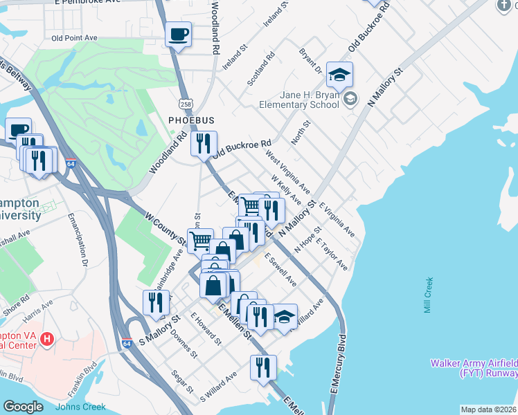 map of restaurants, bars, coffee shops, grocery stores, and more near 406 Libby Street in Hampton