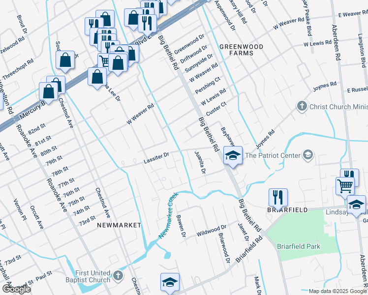 map of restaurants, bars, coffee shops, grocery stores, and more near 3419 Hardee Court in Hampton