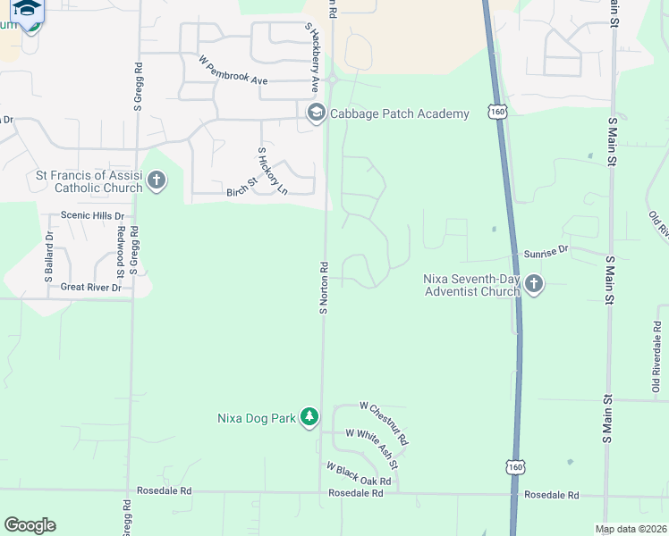 map of restaurants, bars, coffee shops, grocery stores, and more near South Norton Road in Nixa