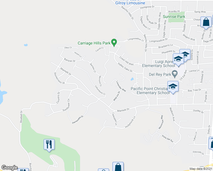 map of restaurants, bars, coffee shops, grocery stores, and more near 8971 Tea Tree Way in Gilroy