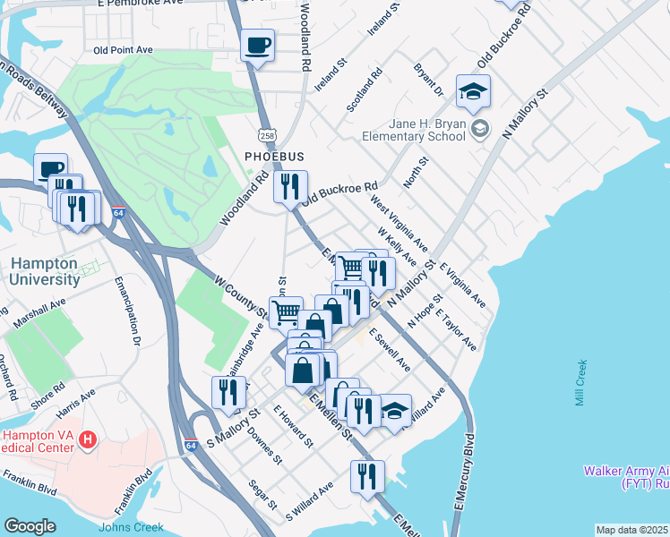 map of restaurants, bars, coffee shops, grocery stores, and more near 544 East Mercury Boulevard in Hampton