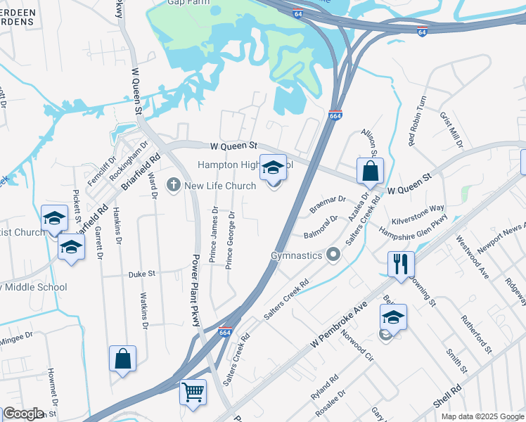 map of restaurants, bars, coffee shops, grocery stores, and more near 1491 West Queen Street in Hampton