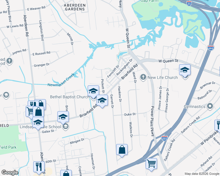 map of restaurants, bars, coffee shops, grocery stores, and more near 1665 Briarfield Road in Hampton