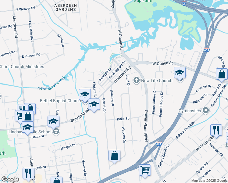 map of restaurants, bars, coffee shops, grocery stores, and more near 5 Hankins Drive in Hampton