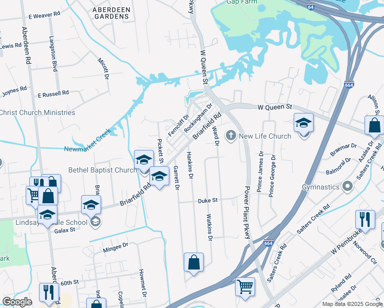 map of restaurants, bars, coffee shops, grocery stores, and more near 5 Hankins Drive in Hampton